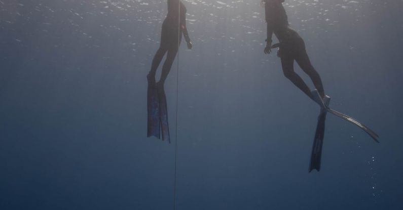 Dive Training Sessions - From below of anonymous divers in wetsuits with flippers swimming up rope under clear sea water in sun rays